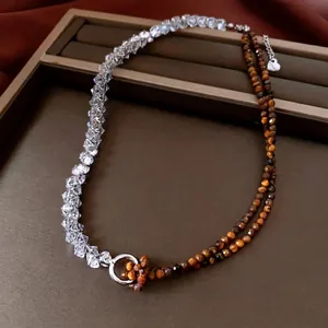 Collier Asymétrique En Perles Oeil De Tigre Rétro Pour Femmes Épissé Avec Zircon Et Perles De Verre Bijoux Élégants