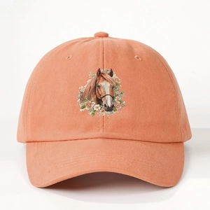 Coral cotton baseball cap featuring a vintage horse and floral print with adjustable strap