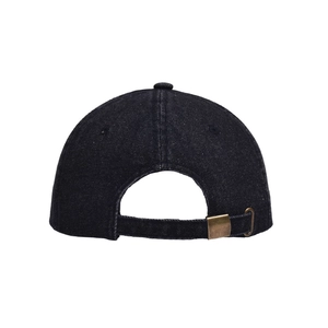 Detail of adjustable brass buckle and denim strap on black washed baseball cap