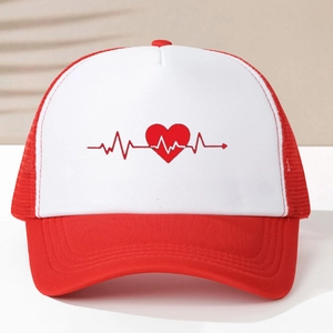 Adjustable red and white mesh trucker hat with heart and heartbeat printing