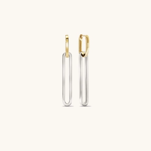 Detail view of two-tone gold and silver detachable long drop earrings with polished finish
