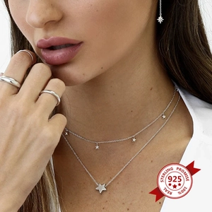 S925 sterling silver double-layer star pendant necklace and earrings set for women