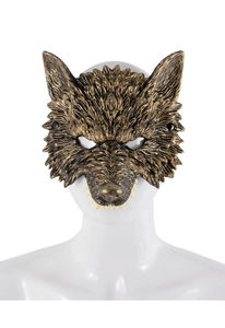 Macro detail of 3D wolf mask showing lifelike bronze fur texture and sharp canine teeth