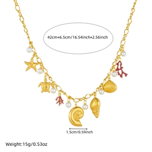 Gold starfish seashell coral pendant necklace with stainless steel chain and pearl accents