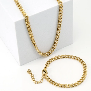 Classic 18K gold plated stainless steel Cuban link necklace and bracelet set