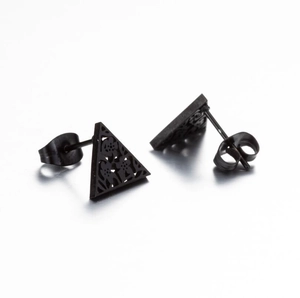 Detailed view of black geometric triangle cutout stud earrings with matte metal finish