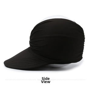 Side view of black sun visor hat with elastic pleated fabric on white mannequin
