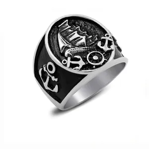 Vintage Nautical Sailing Boat Ring Men Women Titanium Stainless Steel Anchor Embossed Punk Gothic Jewelry Accessory