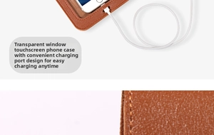 Detail view of brown pebbled leather phone bag with touch screen window and charging port