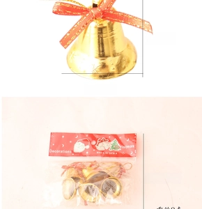 Detail showing small gold Christmas bells with red bows and product package measurements