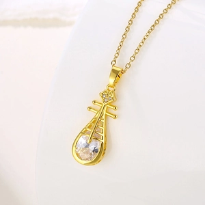 Collana Con Ciondolo Pipa Placcata Oro 18K Catena In Acciaio Inossidabile Zircone Intarsiato Stile Strumento Musicale Per Donna
