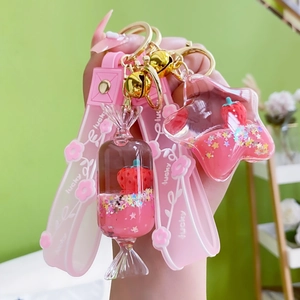 Floating Liquid Quicksand Keychain Strawberry Miniature Acrylic Bag Charm With Silicone Strap And Bell Cute Gift