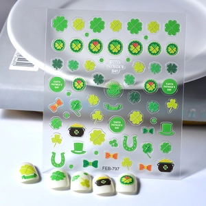 Nail Stickers 5D Embossed St Patricks Day Clover Shamrock Self Adhesive Waterproof DIY Nail Art Decals