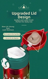 Detail of red Christmas thermos with upgraded leak-proof silicone stopper design
