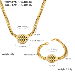 Détails du collier et bracelet en acier titane avec diamants tchèques et dimensions