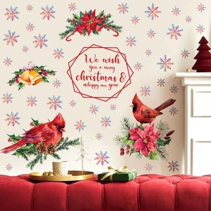 Christmas window decals with red birds and snowflakes for festive living room wall decor