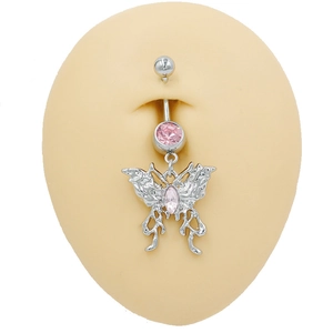 Silver butterfly belly button ring with pink stones on a silicone model display