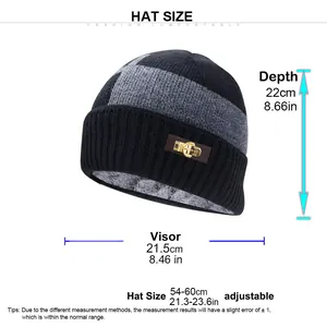 Size chart showing dimensions for a winter knit beanie with warm fleece lining and 54-60cm fit