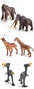Detail view of miniature mammoth, paraceratherium and moa figurines with fine textures