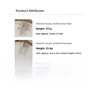 Detailed size and weight specs for acrylic pearl tassel hair clips with measurements