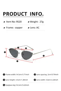 Size chart for cat-eye metal sunglasses showing frame width and temple length in cm and inches