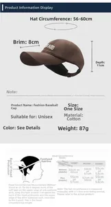 Detailed size chart for cotton baseball cap showing 56-60cm circumference and measurements