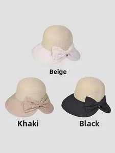 Detailed comparison of sun hats in beige, khaki and black with bow and quilted brim