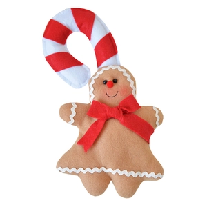Large plush gingerbread man Christmas tree ornament with candy cane and red bow decoration