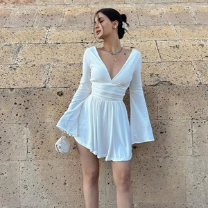 Women Sexy Deep V Neck Backless Dress Long Flared Sleeves Ruched High Waist Mini Bodycon Polyester Spandex Party Streetwear