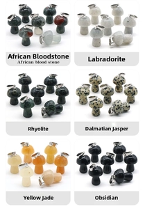 Macro detail of six natural stone mushroom pendants including Labradorite and Obsidian