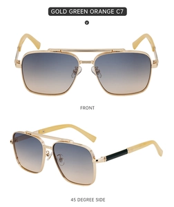 Front and 45-degree side view of square sunglasses with gold temples and gradient lenses