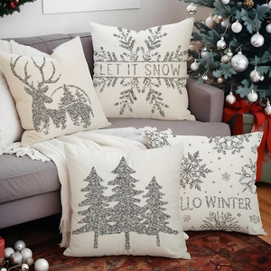 Lot de 4 housses de coussin de Noël avec flocons de neige argentés pailletés