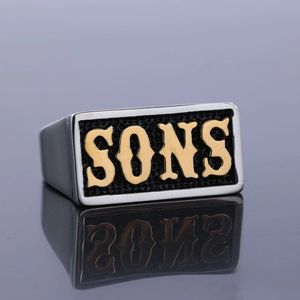 Bague chevalière punk pour homme en acier inoxydable argent et or avec gravure SONS