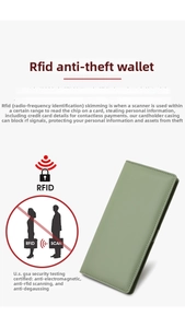 Détail du portefeuille long vert montrant la technologie de protection RFID des cartes