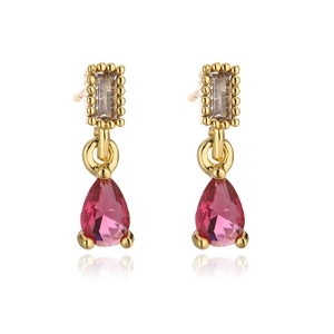 Detailed macro view of 18K gold plated earrings with pink teardrop and rectangular stones