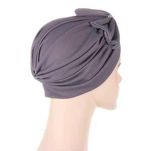 Dark grey turban hat with pleats and sparkling rhinestone bow detail for women