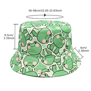 Cute green cotton bucket hat with cartoon frog print and size measurement details