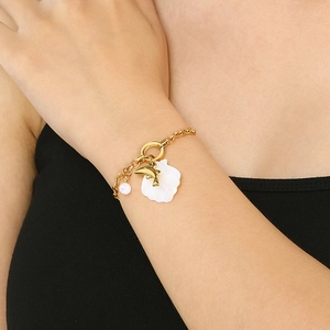 Golden stainless steel beach bracelet with dolphin shell and pearl charms for women