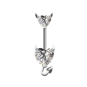 Piercing de nombril diable en métal argenté avec zircons en cœur et petite queue