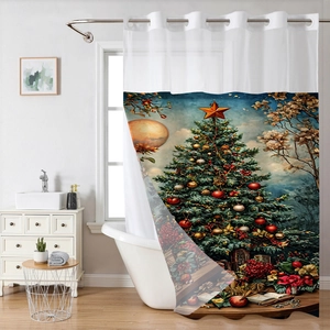 Detail of Christmas tree print on waterproof shower curtain in a modern bathroom setting