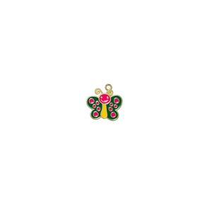 Detail of colorful butterfly pendant with green enamel wings and gold metal frame