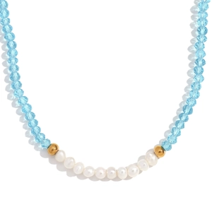 Retro stainless steel necklace with ten freshwater pearls and blue faceted crystals