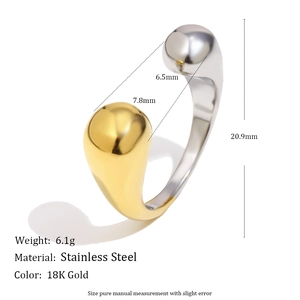 Minimalist two-tone stainless steel 18K gold open ring with teardrop design