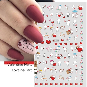 Detail of Valentine 3D nail stickers featuring cartoon lovers, hearts, and romantic text