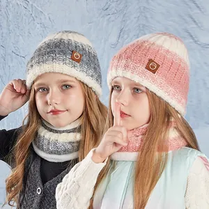 Kids Winter Knitted Hat And Neck Warmer Fleece Lined Striped Windproof Ear Protection Outdoor Toddler Boys Girls