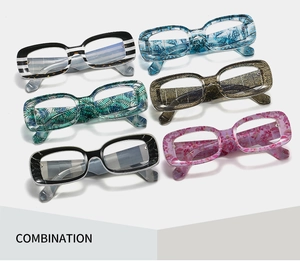 Detailed grid of colorful 3D patterned rectangular sunglasses with various artistic prints