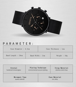 Detailed view of black quartz watch specifications with metal mesh strap and calendar