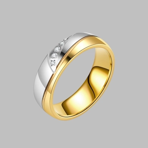 Detailed close-up of a two-tone titanium ring with five sparkling inset diamonds