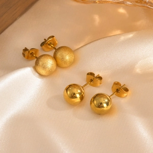 Minimalist gold stainless steel ball earrings with polished and frosted matte finish surface