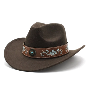 Classic dark brown felt western cowboy hat with embroidered floral leather band
